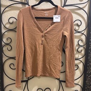 American Eagle Outfitters Brown Ribbed Long Sleeve Henley Top